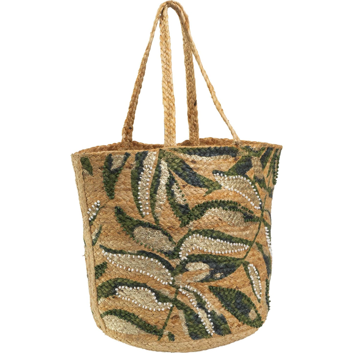 Magid Beaded Palm Print Natural Straw Jute Tote