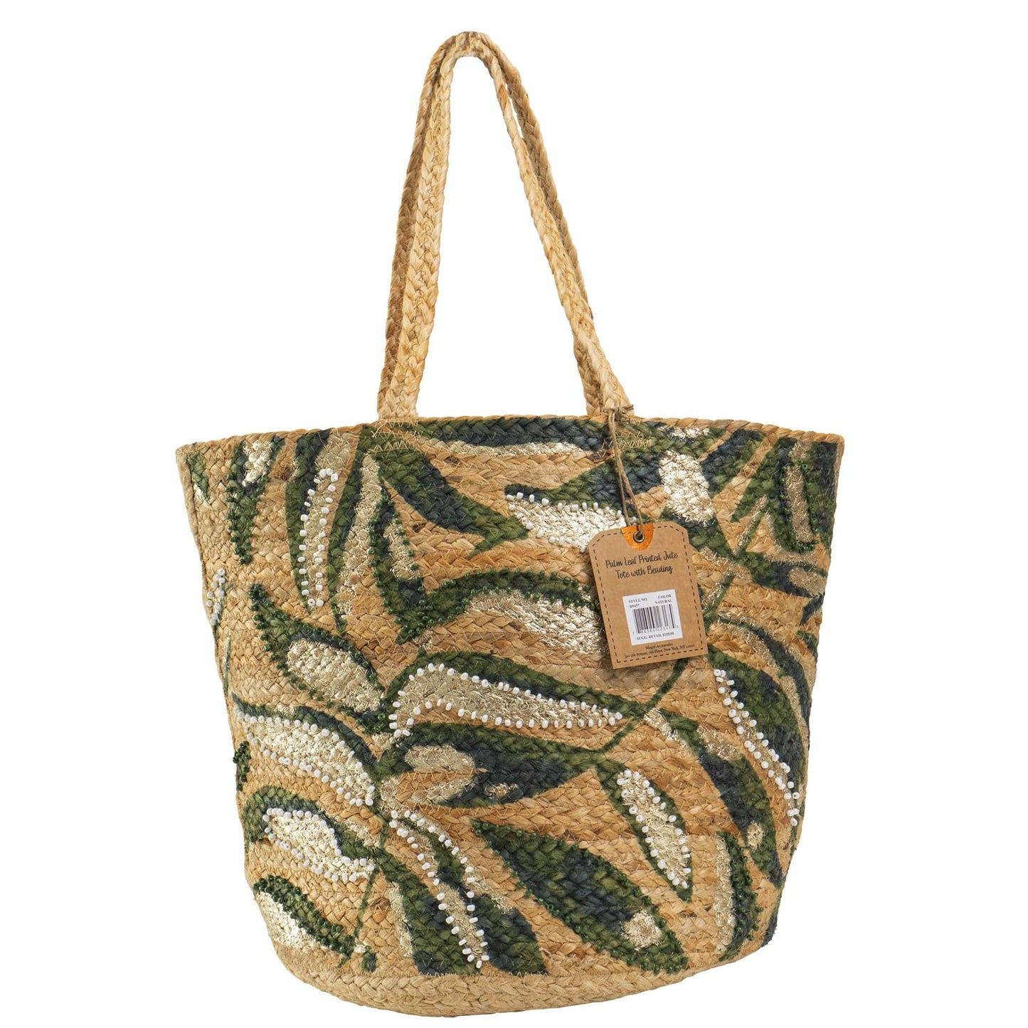 Magid Beaded Palm Print Natural Straw Jute Tote