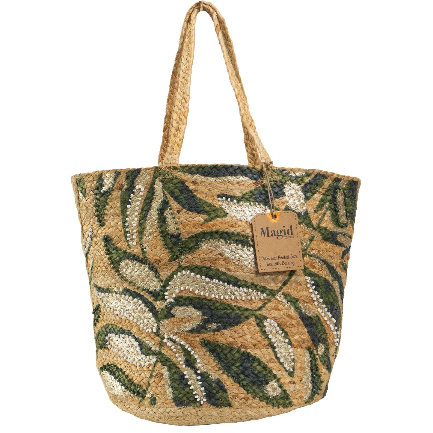 Magid Beaded Palm Print Natural Straw Jute Tote