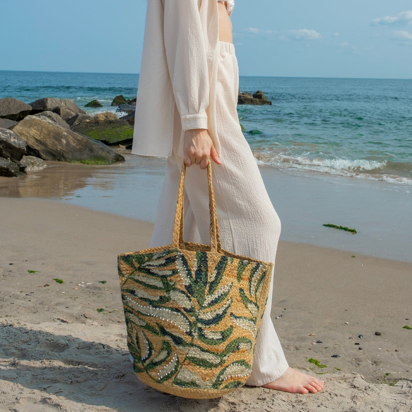 Magid Beaded Palm Print Natural Straw Jute Tote