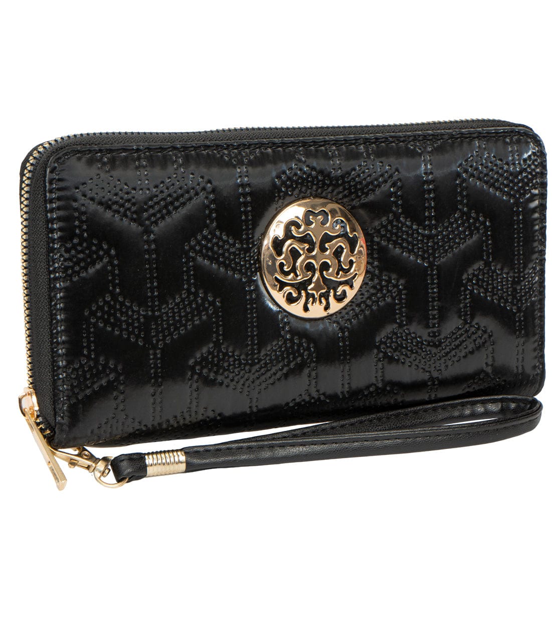 Rebecca & Rifka Patent Geometric Quilt Medallion Zip Wristlet Wallet
