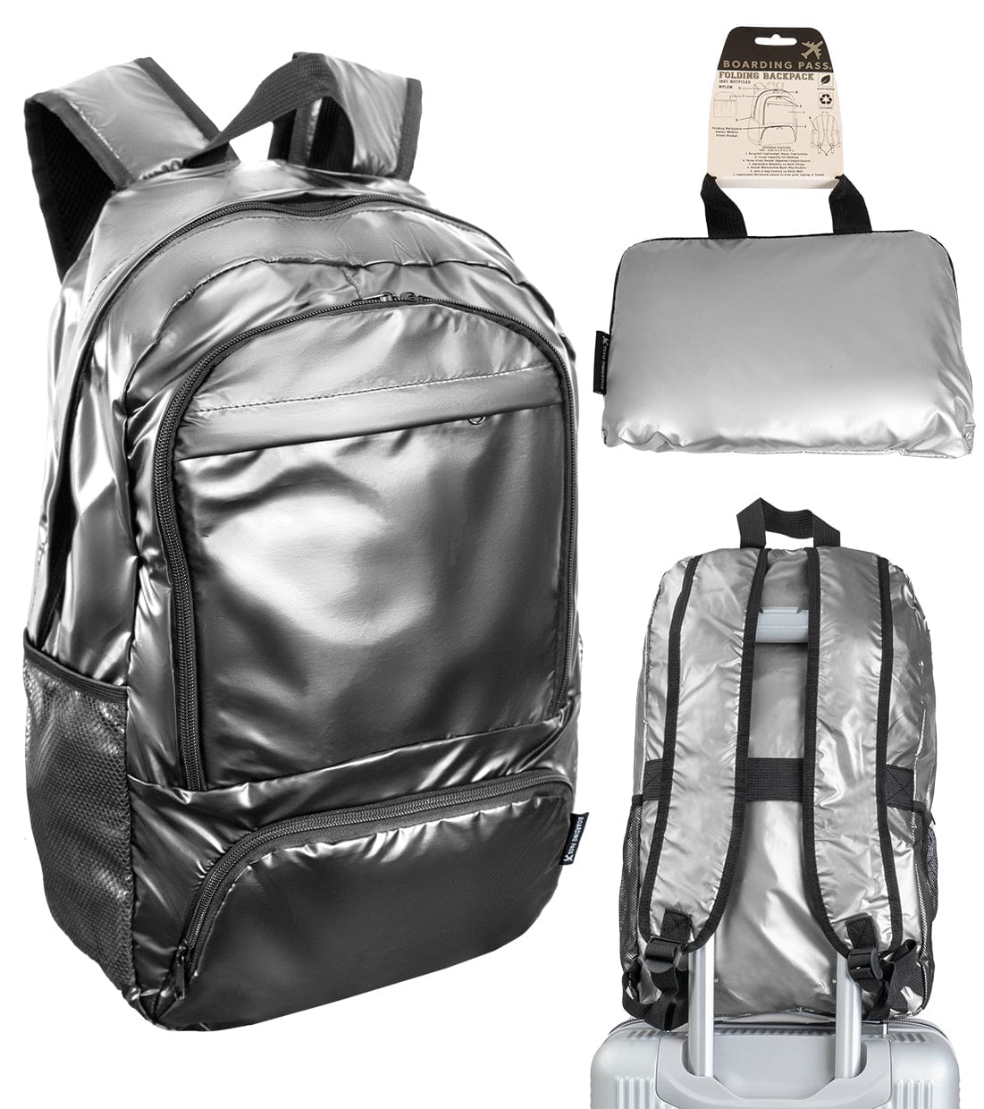 Boarding Pass Recycled Metallic Foldable & Packable Pouch Multi Compartment Backpack