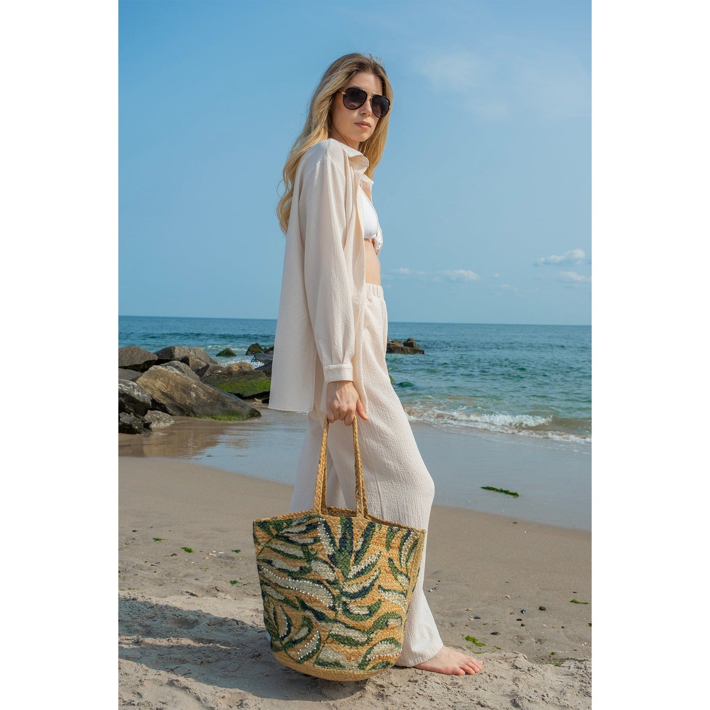 Magid Beaded Palm Print Natural Straw Jute Tote
