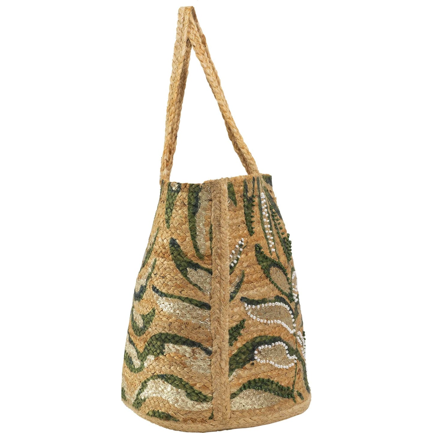 Magid Beaded Palm Print Natural Straw Jute Tote