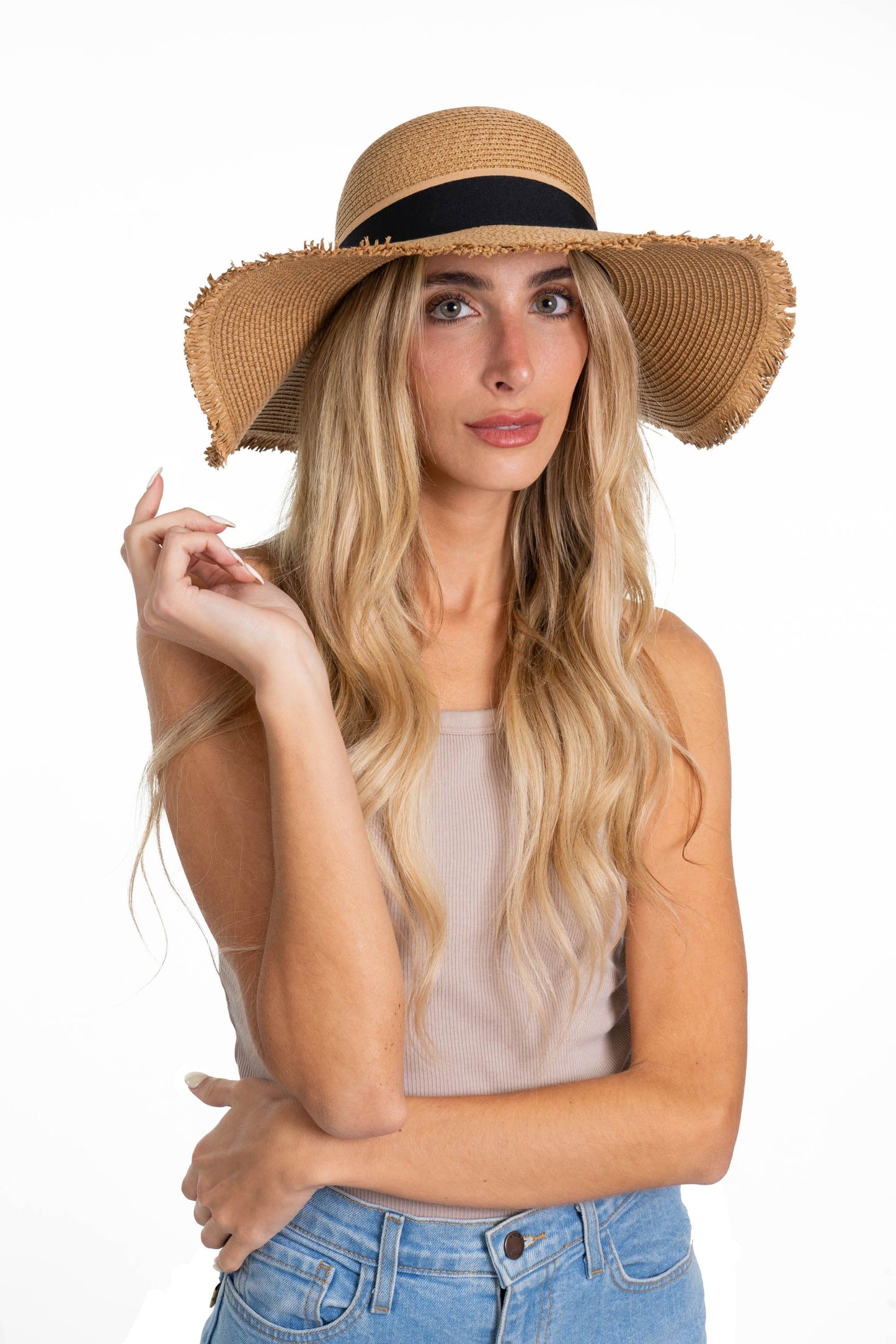 Adrienne Vittadini Frayed Brim Straw Floppy