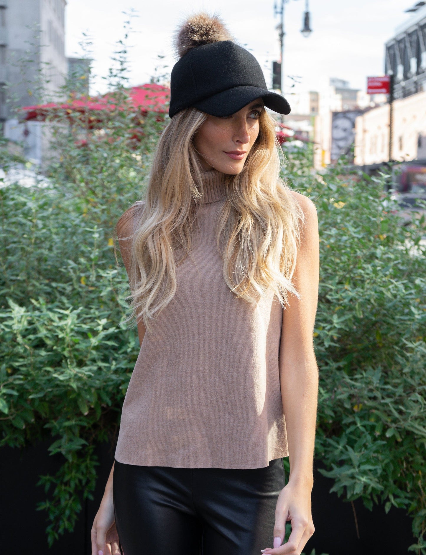 Magid Faux Fur Pom Pom Baseball Cap