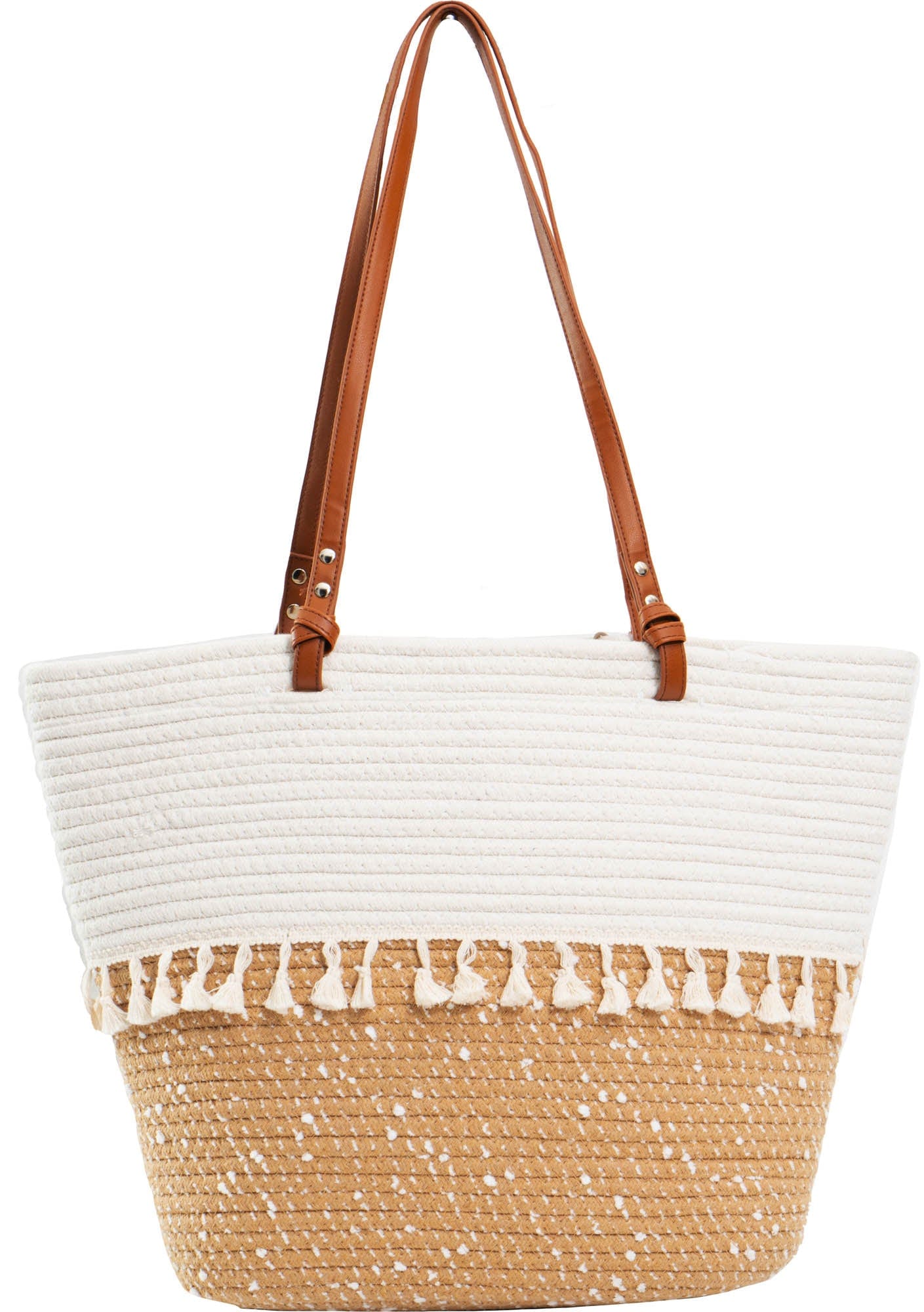 Magid Natural Cotton Woven & Faux Leather Fringe Shoulder Tote