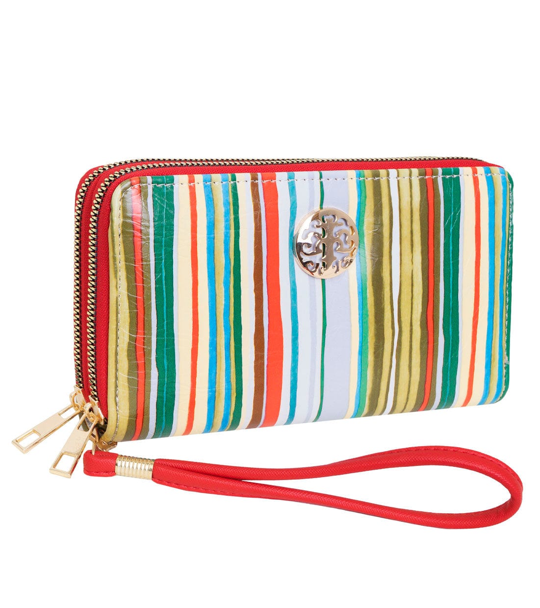 Rebecca & Rifka Multi Stripe Print Medallion Double Zip Wristlet Wallet