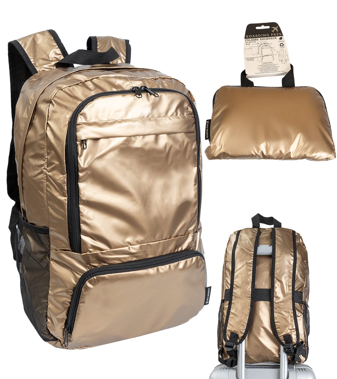 Boarding Pass Recycled Metallic Foldable & Packable Pouch Multi Compartment Backpack