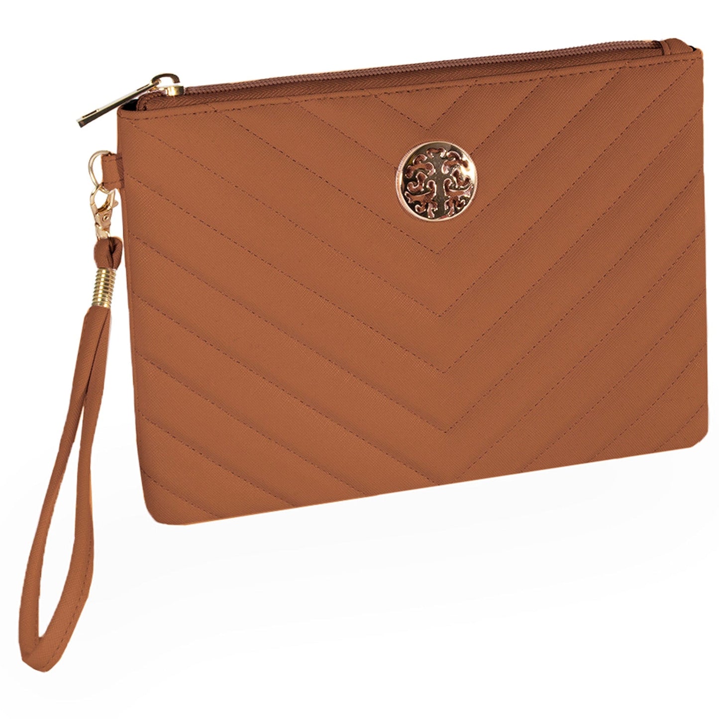 Rebecca & Rifka Saffiano Chevron Quilted Medallion Zip Wristlet